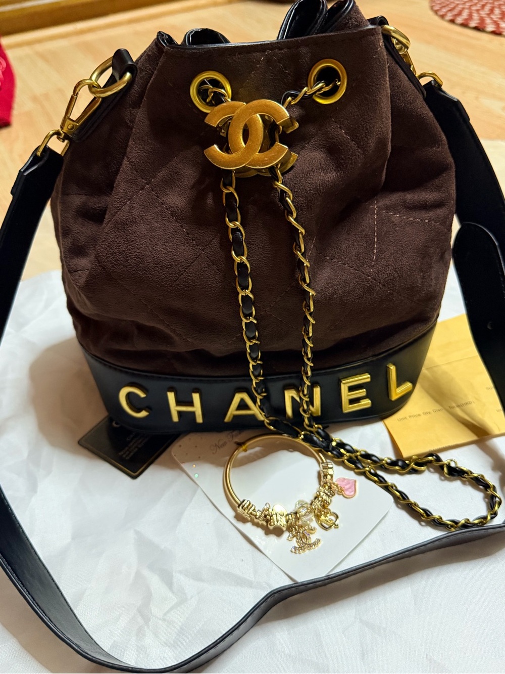 Brown Suede & Black Leather Drawstring Shoulder Bag with Gold Hardware - Picture 4 of 4